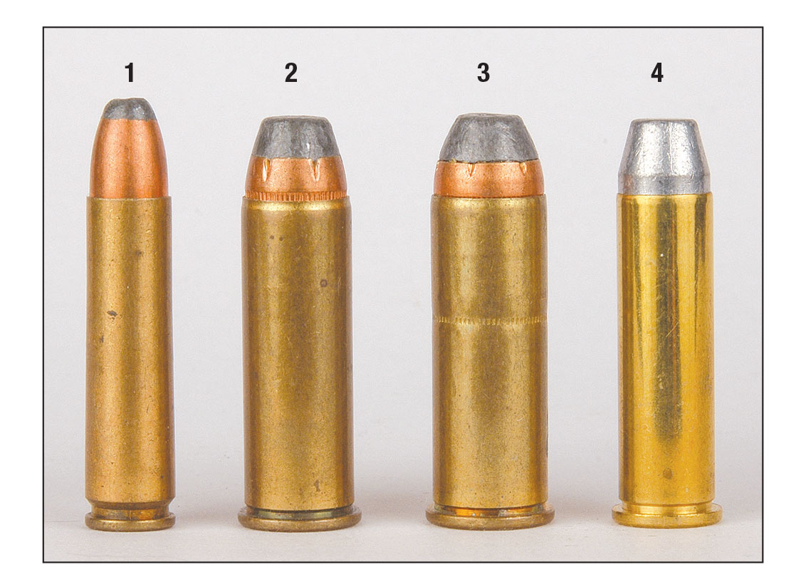 The .30 Carbine (1) is shown with (2) .41 Magnum, (3) .44 Magnum and (4) .357 Magnum factory loads. Their case lengths are all 1.29 inches.